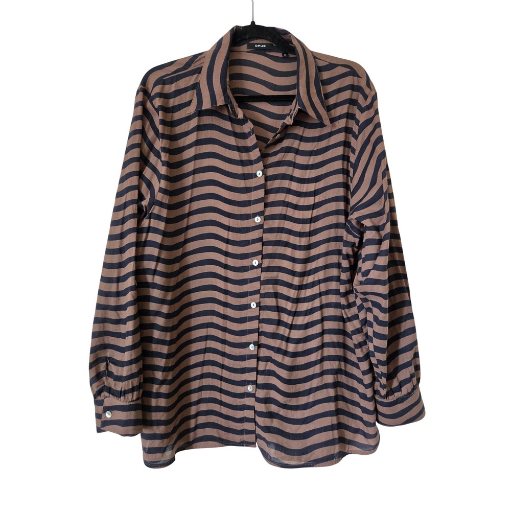 Opus Art To Wear Tunic Brown Black Wavy Stripe‎ Cotton Button Down Shirt Size 42
